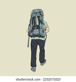 Hikers with big carrier bag hiking on mountain modern vector illustration