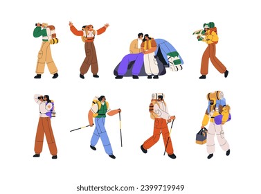 Hikers, campers, backpackers set. Tourists hiking, trekking. Active people walking with backpacks. Outdoors adventure, travel, tourism. Flat vector illustrations isolated on white background