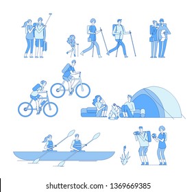 Hikers characters. Friends campfire travel tourist group hiking riding bike boat rafting trekking family explore nature line vector