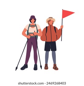 Wanderer verbinden Wandern mit Trekkingstöcken, Führerfahne. Touristinnen, Backpackerinnen auf Abenteuer, Reisen. Frauen Freunde in Wanderung, Tour. Flache Vektorillustration isoliert auf weißem Hintergrund