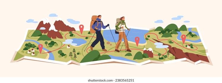 Hikers couple travel on map. Tiny tourists hiking, trekking in nature. People backpackers with backpacks walking outdoors. Holiday route, adventure, journey, tourism concept. Flat vector illustration.