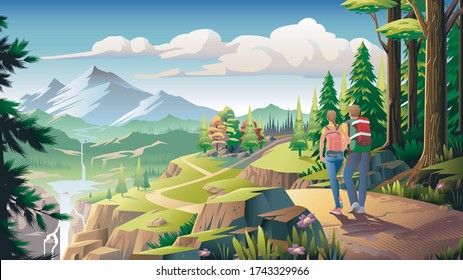 Hikers couple walking with mountain and waterfall in the background.