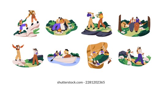 Hikers couples during nature adventure, travel with backpacks on summer vacation. People, friends hiking, trekking, camping, walking set. Flat graphic vector illustrations isolated on white background