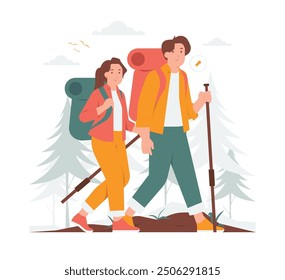 Hikers couples walking travel with hiking backpacks adventure luggage camping concept illustration