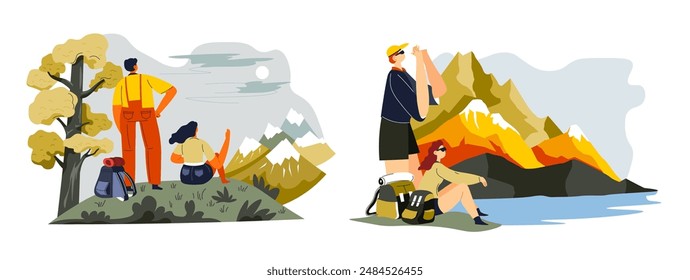 Wanderer genießen Berglandschaft Vektorgrafik