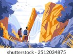 Hikers exploring waterfall scenic nature landscape adventure outdoors vibrant colors trees rocks mountains website banner