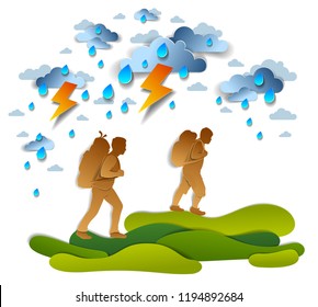 Hikers father and teenager son walking through thunderstorm and rain, motivation, survival, courage test. Vector illustration of stormy weather with hiking guys carrying backpacks.