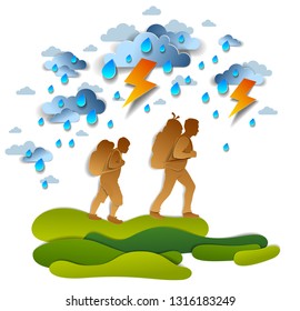 Hikers father and teenager son walking through thunderstorm and rain, motivation, survival, courage test. Vector illustration of stormy weather with hiking guys carrying backpacks.