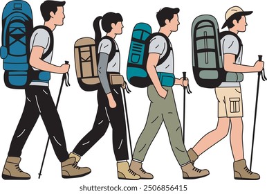 Senderistas con mochilas de senderismo. Personas viajan con equipaje de aventura en espaldas. Hombres, mujeres turistas, mochileros de pie, caminar con equipaje. Ilustraciones vectoriales gráficas planas aisladas sobre fondo blanco