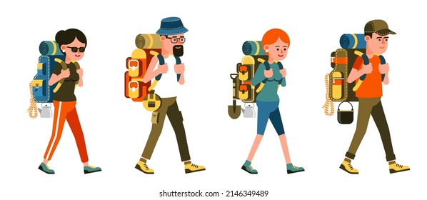 Hikers man and woman with backpacks on a hike. Couple tourists on a hike. Go Everywhere. Vector isolated image.
