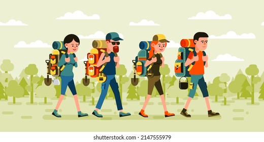 Hikers man and woman with backpacks on forest background. People on a hike. Vector cartoon image.