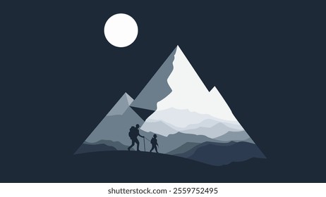 Hikers in Moonlit Mountain Landscape Illustration