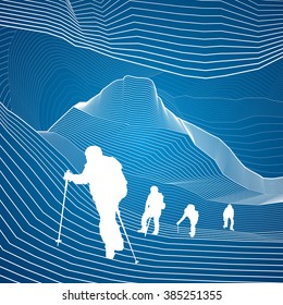 Hikers in the mountains, climbing in tandem, extreme sport, white lines, abstraction composition, vector design art