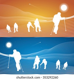Hikers in the mountains, climbing in tandem, vector design art, extreme sport
