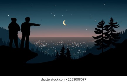 Hikers on the hill top watching the city night view