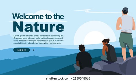 Hikers resting on the edge of the mountains and valley background, Hikers homepage for web