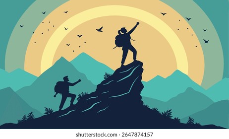 Hikers in silhouette conquer mountain peaks, symbolizing success, ambition, and adventure. Vector art for achievement, challenges, and triumph.