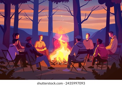 hikers sitting near campfire hiking camping concept people spend time at night summer camp in forest friends company on vacation