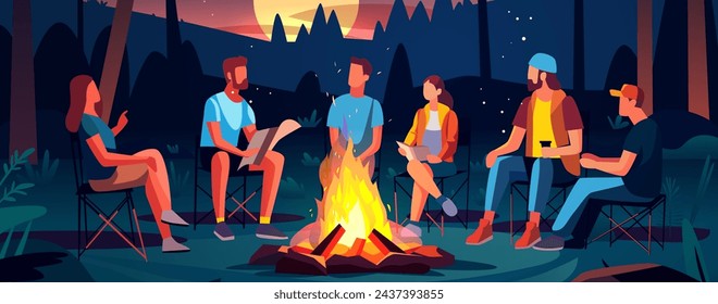 hikers sitting near campfire hiking camping concept people spend time at night summer camp in forest friends company on vacation