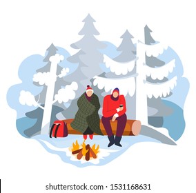 Hikers sitting on a log of wood near campfire in winter forest. People drinking hot tea, coffee with warm throw blanket, camping gear and backpack. Outdoors sport and tourism vector illustration.