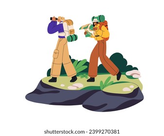 Hikers tourists travel with backpacks. Women backpackers walking in nature with map and binoculars. Explorers friends hiking. Summer adventure. Flat vector illustration isolated on white background