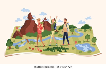 Hikers travel on map. Traveler with backpack searching right direction. Man and woman travelling in mountains. Outdoor recreation with hiking peoples, flat vector illustration isolated