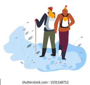 Hikers trek walking on snow. Hiking with trekking pole, backpacks and camping gear, back view. Winter sport activity. Flat vector illustration on white background.