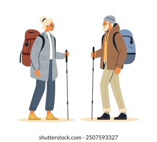 Hikers trekking with backpacks and walking sticks. Two people dressed in outdoor gear stand facing each other on a white background