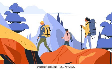 Hikers trekking mountains outdoor adventure scenic nature colorful landscape backpacks trees hills