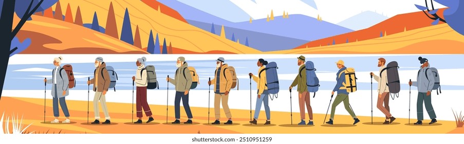 Hikers trekking in scenic landscape adventure group outdoor activity diverse people backpacks mountains lake autumn colors