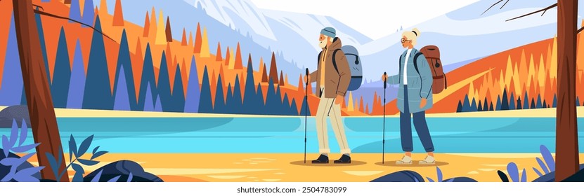 Hikers trekking scenic mountain landscape autumn forest lake. Two people with backpacks and hiking poles walking along a serene water body surrounded by colorful trees and mountains. Nature adventure