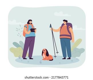 Wanderungen mit Hund flach Vektorgrafik. Fröhliches Mädchen, das ein Foto von Haustier macht oder Tablet benutzt. Tourismus, Familie, Reise, Abenteuer Konzept für Banner, Website-Design oder Landing-Website