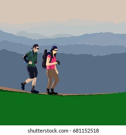 Hikers walking over a mountain, vector illustration