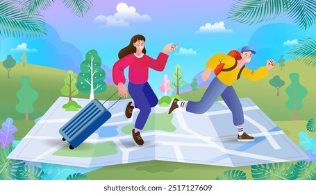 Senderistas caminando, trekking en la naturaleza. personas viajeros con mochilas de senderismo en el mapa. Viajes, aventura, orientación deportiva, turismo, concepto de ruta. chico corriendo en el mapa. Ilustración vectorial plana.