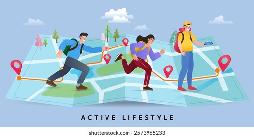 Hikers walking, trekking in nature. people travelers with backpacks hiking on map. Travel, adventure, sport orienteering, tourism, route concept. boy running on map. Flat vector illustration.