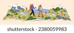 Hikers walking, trekking in nature. Tourists couple, tiny people travelers with backpacks hiking on map. Travel, adventure, sport orienteering, tourism, route concept. Flat vector illustration