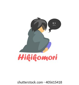 Hikimori Cartoon Style Flat Vector Illustration On White Background With Text