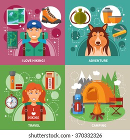 Hiking 2x2 flat design concept with expedition equipment camping composition travel accessories vector illustration 