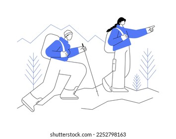 Hiking abstract concept vector illustration. Active lifestyle, mountain climbing, outdoor camping, trekking trail, countryside walking, travel adventure, extreme tourism, trip abstract metaphor.