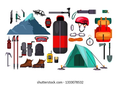 Hiking and active lifestyle set illustration. Set of equipment for hiking on white background. Active lifestyle concept. Vector illustration can be used for topics like activity, sport, travelling