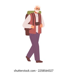 Hiking active senior person carrying backpack on shoulder. Isolated elderly man personage leading healthy lifestyle, doings sports and trekking. Vector old people in flat style