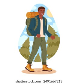 Wandern Aktivurlauber. Männliche Figur Outdoor-Abenteuer, Mann auf Wanderung, Trekking und Rucksack flache Vektorillustration. Guy Wandern auf der Natur mit Rucksack