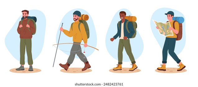 Los turistas activos de senderismo. Hombres en caminata, personajes masculinos aventura al aire libre, trekking y mochilero Ilustración vectorial plana. Muchachos que caminan en el camino con las mochilas