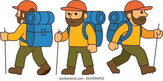 Hiking activity, happy man with beards hobby, cheerful expression and smiling. Transparent vector format.