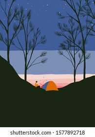 Hiking activity, hiker is relaxing with bonfire and tent on the mountain at night