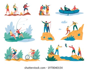 Hiking activity. Tourists walking with backpack, climbing mountains, riding bikes, fishing. Summer vacation outdoor activity or adventure vector set. Seasonal recreation, trip on nature