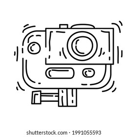 Hiking adventure action camera ,trip,travel,camping. hand drawn icon design, outline black, doodle icon, vector icon.