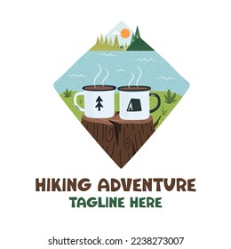 Hiking adventure badge design with a stump . Travel logo graphics. Stock vector camping label