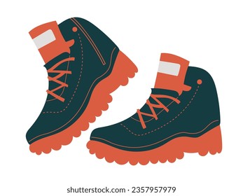 Hiking adventure boots on thick sole. Hand drawn isolated vector illustration in flat style