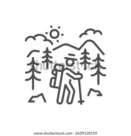 Hiking adventure icon. Thin line editable stroke outdoor mountain trekking illustration. Person walking in forest with hat, camper backpack and hiking stick. Nature lover, explorer, camping, trails